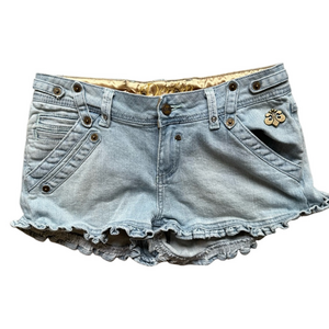 Dereon Y2K Vintage Denim Ruffle Hem Shorts Size 3/4 Low Rise Retro Denim Casual